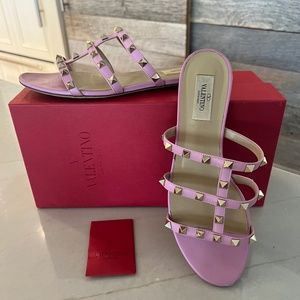 VALENTINO GARAVANI Rockstud T-Strap Flat Slide Sandals Pink/Gold Size EU 38.5